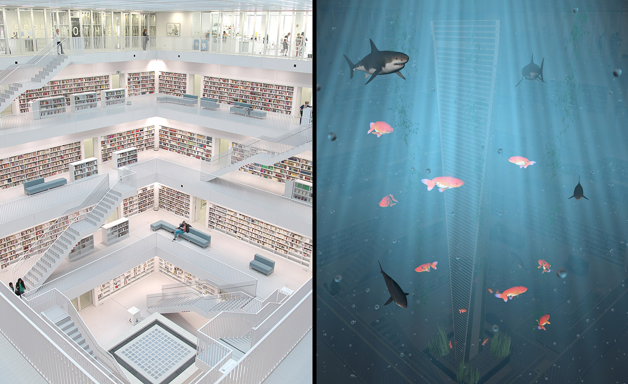 Innenaufnahme der Stuttgarter Stadtbibliothek am Mailänder Platz, Unterwasserszene mit Haien und Goldfischen – Foto mit 3D-Grafik